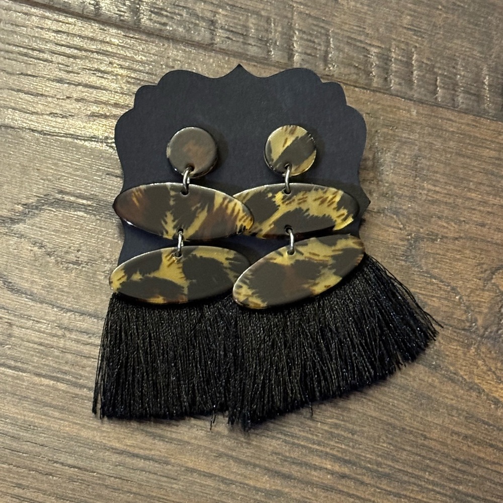 Tortoise Shell and Black Fringe Earrings